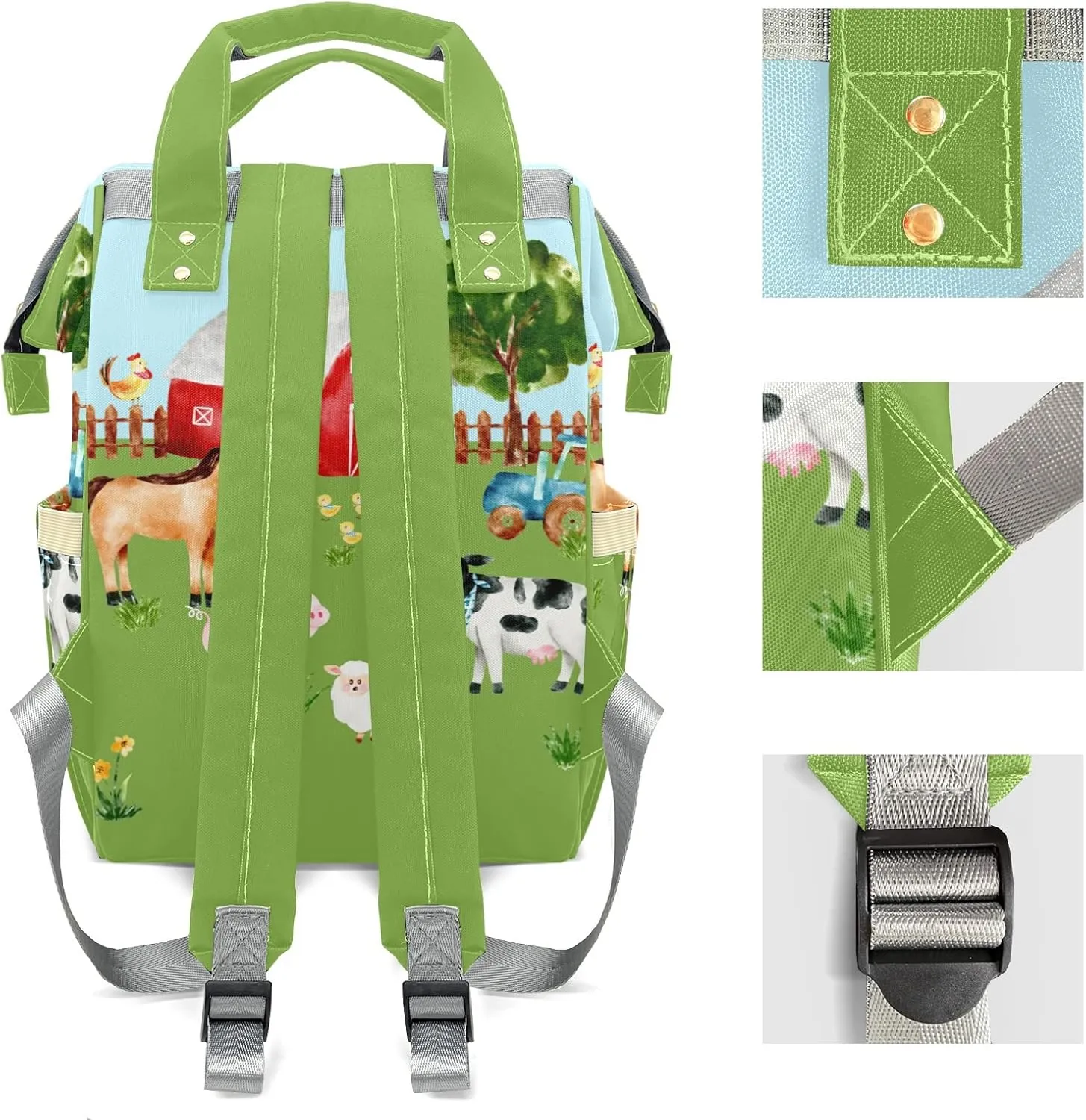 Farm House Animals Green Personalized Large Capacity Diaper Bags,Custom Name Backpack Casual Daypack Bag Nappy Bag Gifts