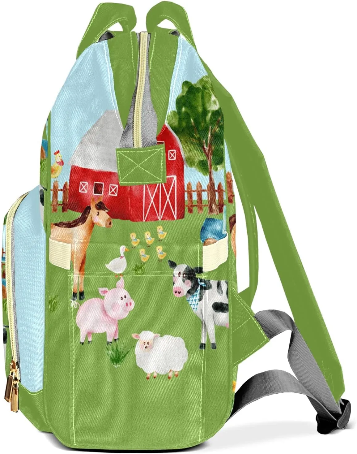 Farm House Animals Green Personalized Large Capacity Diaper Bags,Custom Name Backpack Casual Daypack Bag Nappy Bag Gifts