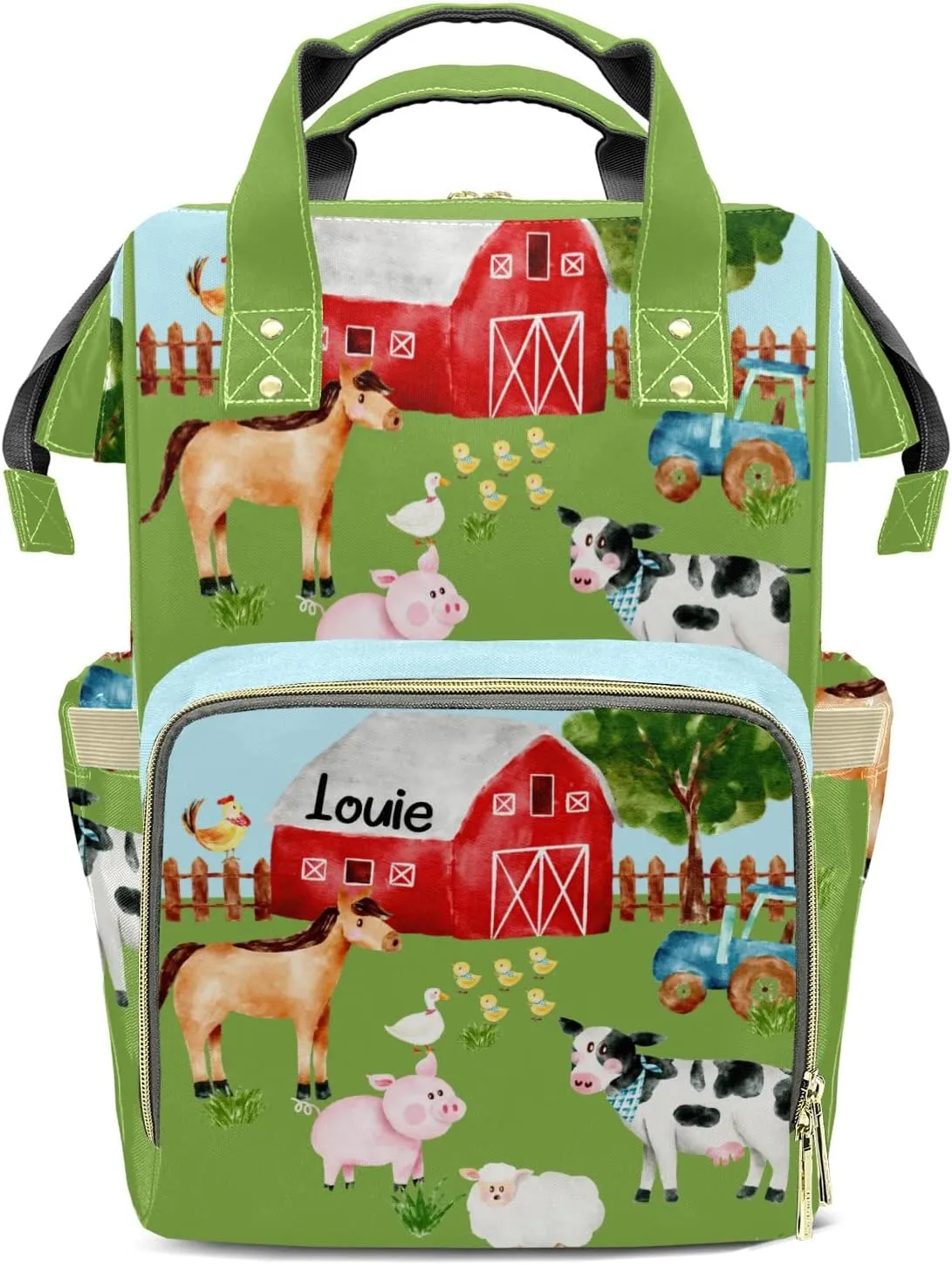 Farm House Animals Green Personalized Large Capacity Diaper Bags,Custom Name Backpack Casual Daypack Bag Nappy Bag Gifts
