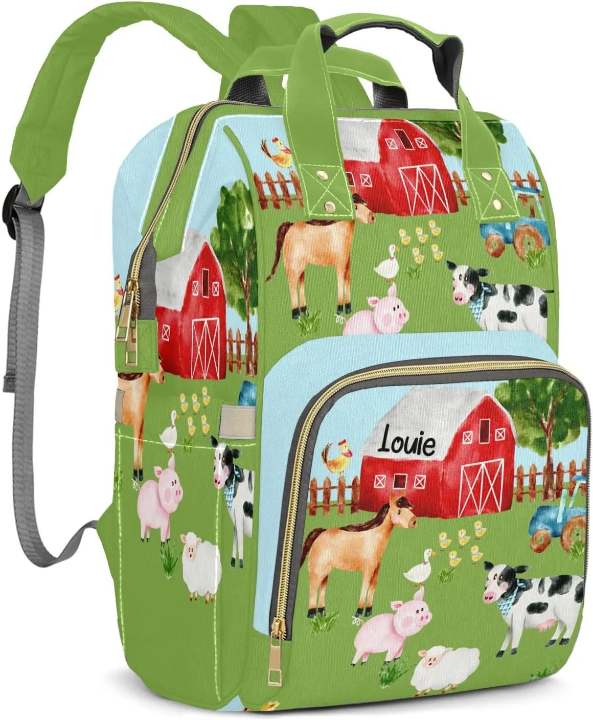 Farm House Animals Green Personalized Large Capacity Diaper Bags,Custom Name Backpack Casual Daypack Bag Nappy Bag Gifts