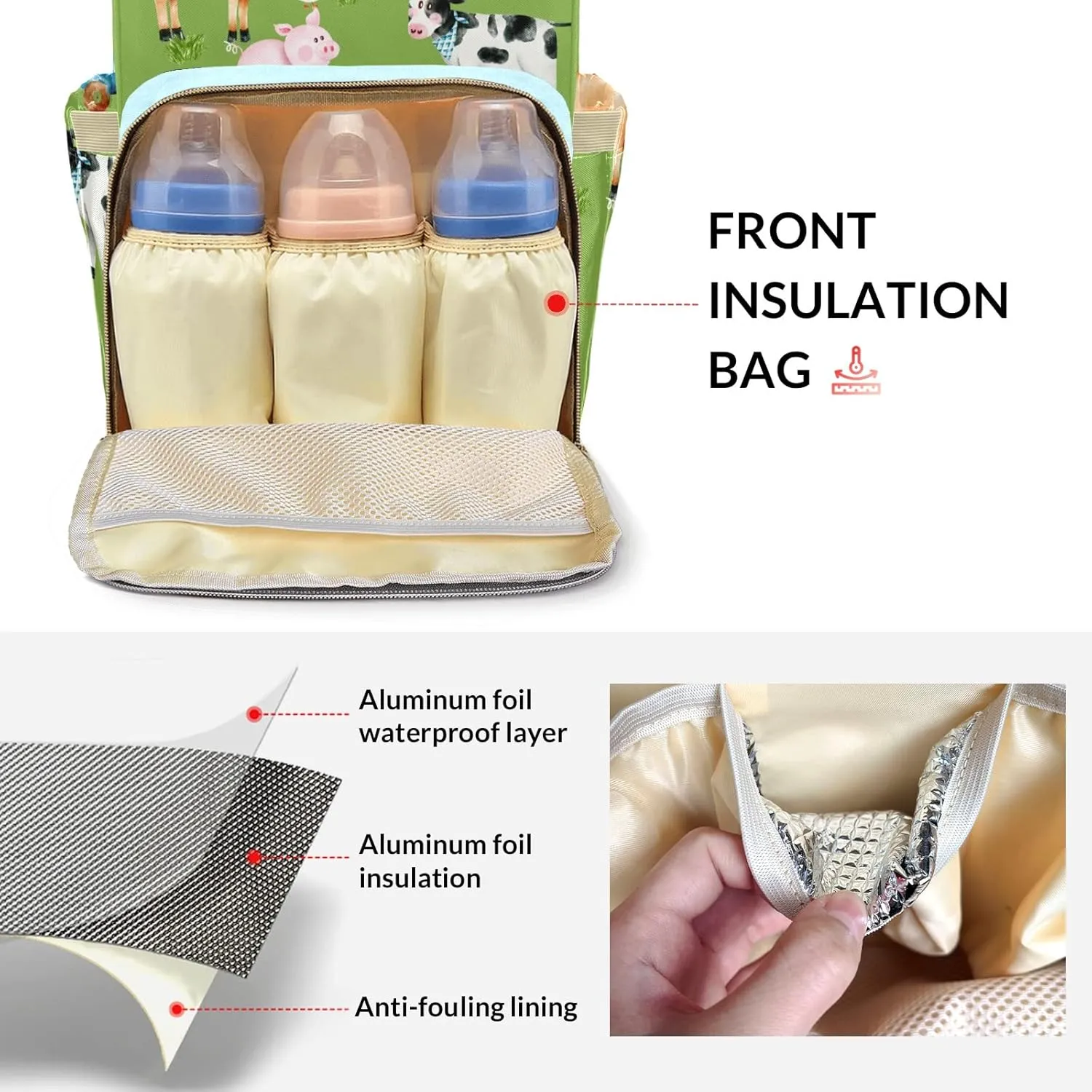 Farm House Animals Green Personalized Large Capacity Diaper Bags,Custom Name Backpack Casual Daypack Bag Nappy Bag Gifts