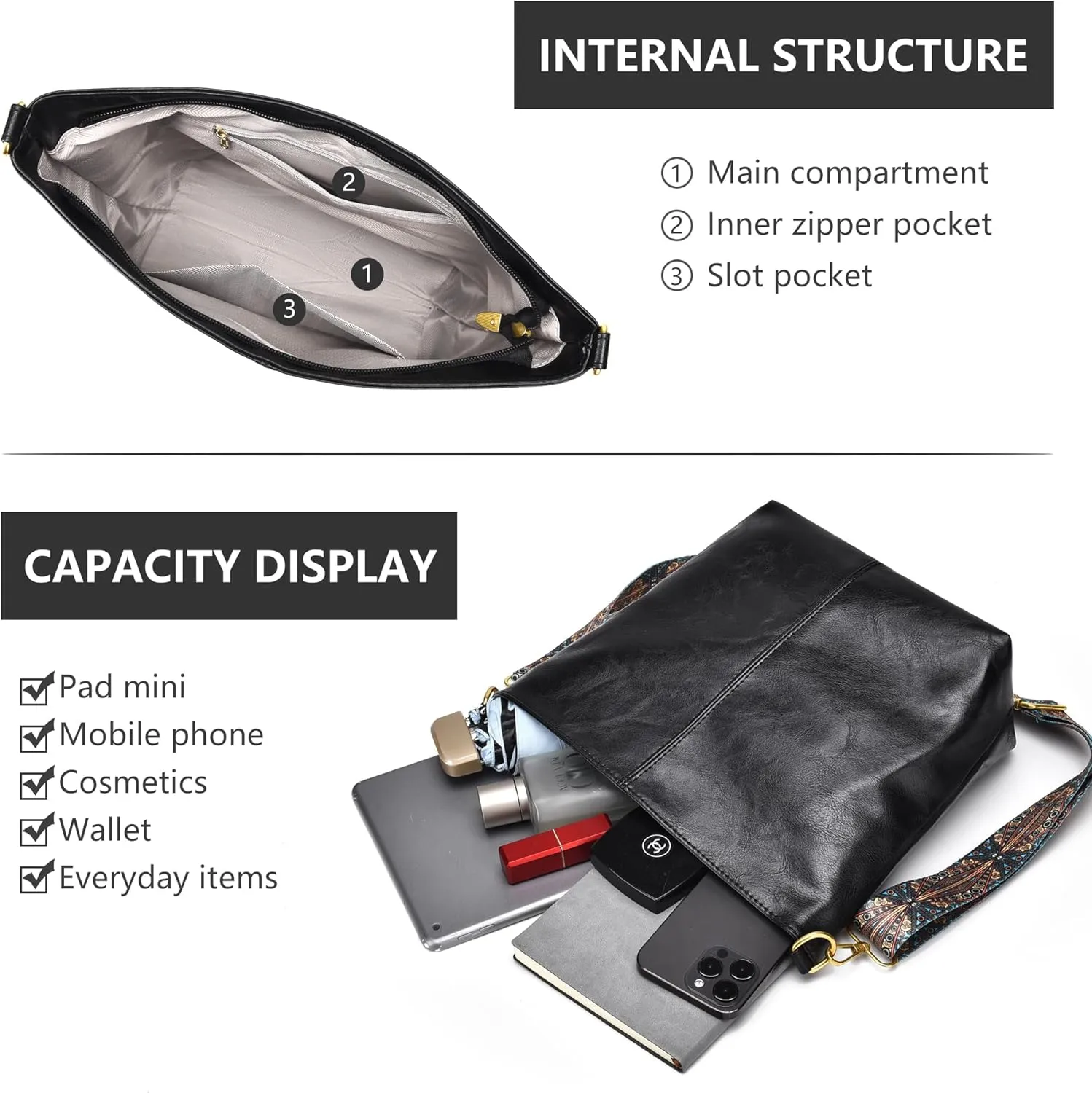 Fashion Hobo Bags for Women Vegan Leather Crossbody Bag with Guitar Strap Shoulder Purses and Handbags