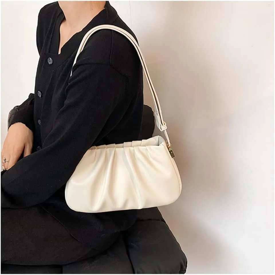 Fashion Pleated Leather Handbag for Women - Stylish Khaki Shoulder Bag with Zipper Clutch Purse