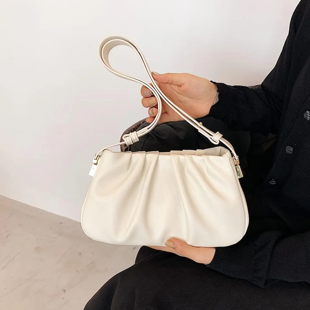 Fashion Pleated Leather Handbag for Women - Stylish Khaki Shoulder Bag with Zipper Clutch Purse
