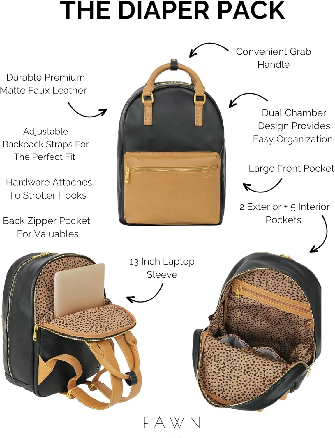 FAWN DESIGN Diaper Pack (Classic Backpack with Contemporary Diaper Bag Features) (Black/Tan)