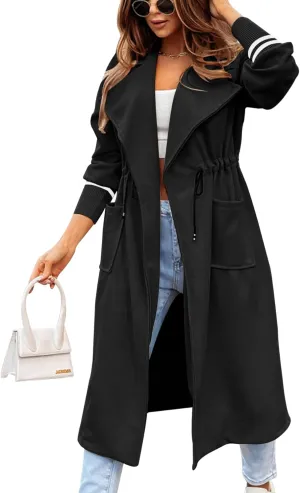 Fazortev Women Coat Pocket Casual Drawstring Waist Open Front Classic Lapel Overcoat