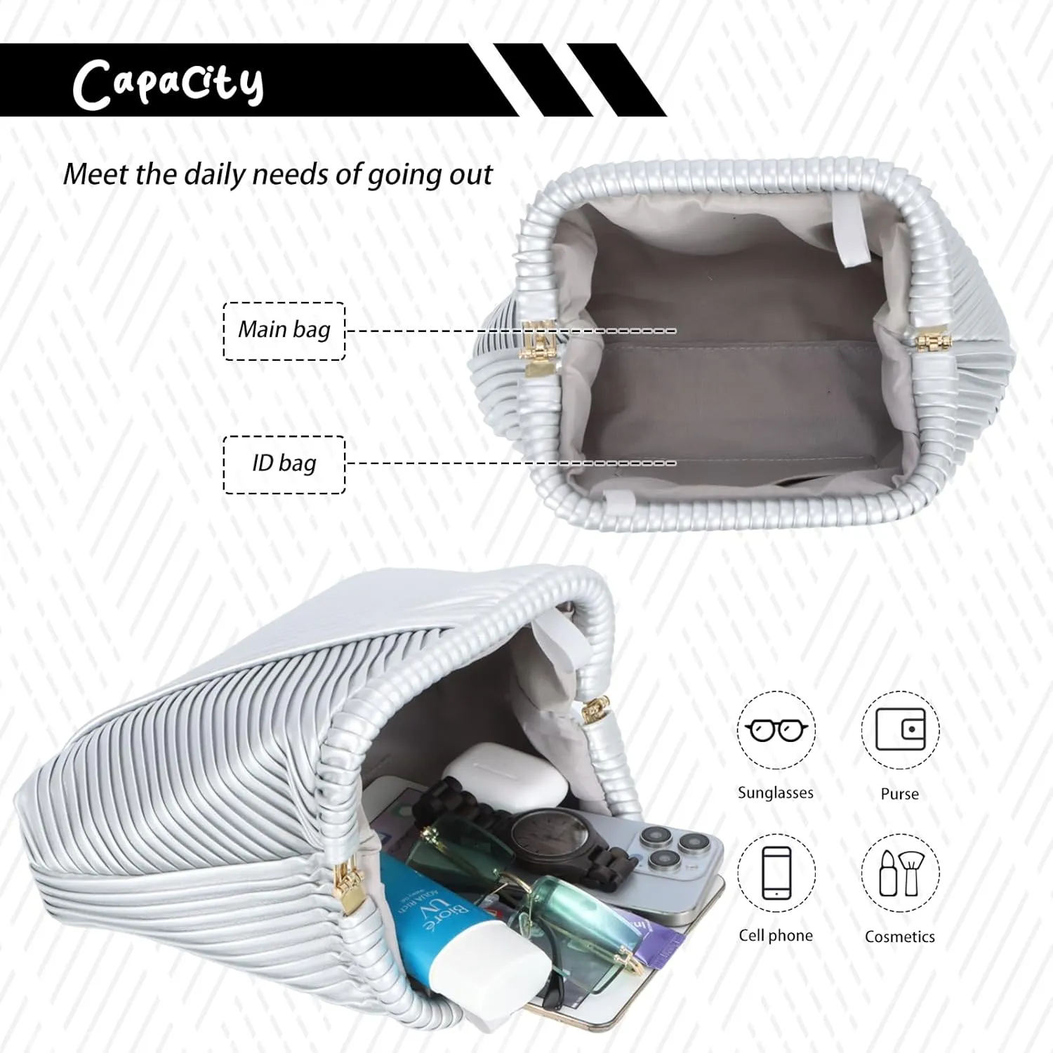 Fecialy Ruched Clutch Purse for Women Formal PU Leather Evening Bag Soft Pleated Handbags with Chain Crossbody Bag
