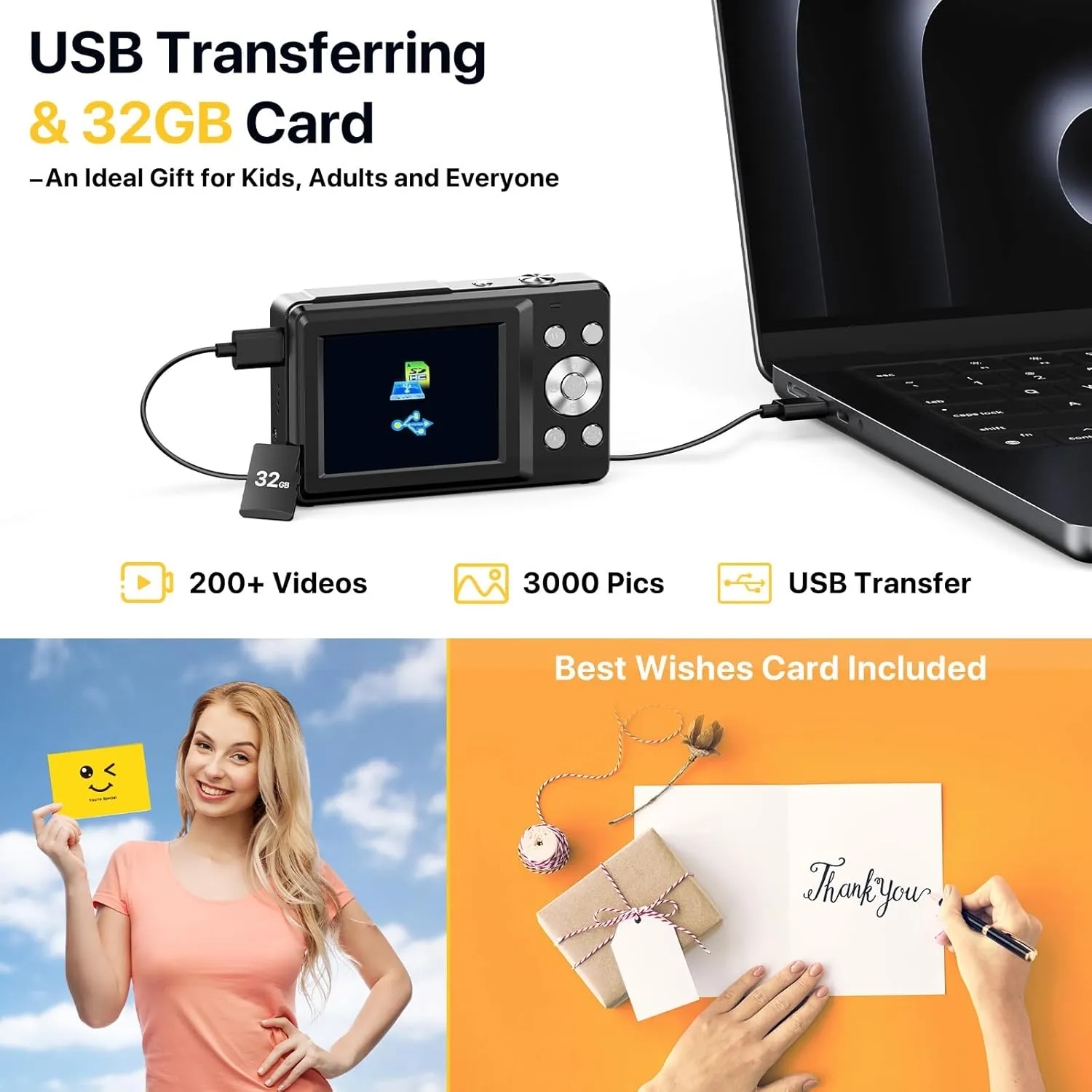 FHD 1080P Digital Camera for Kids with 32GB SD Card - Compact Point and Shoot Camera with 16X Zoom, Anti Shake, Portable, Perfect for Teens, Boys, Girls, Seniors - Best Wishes Card