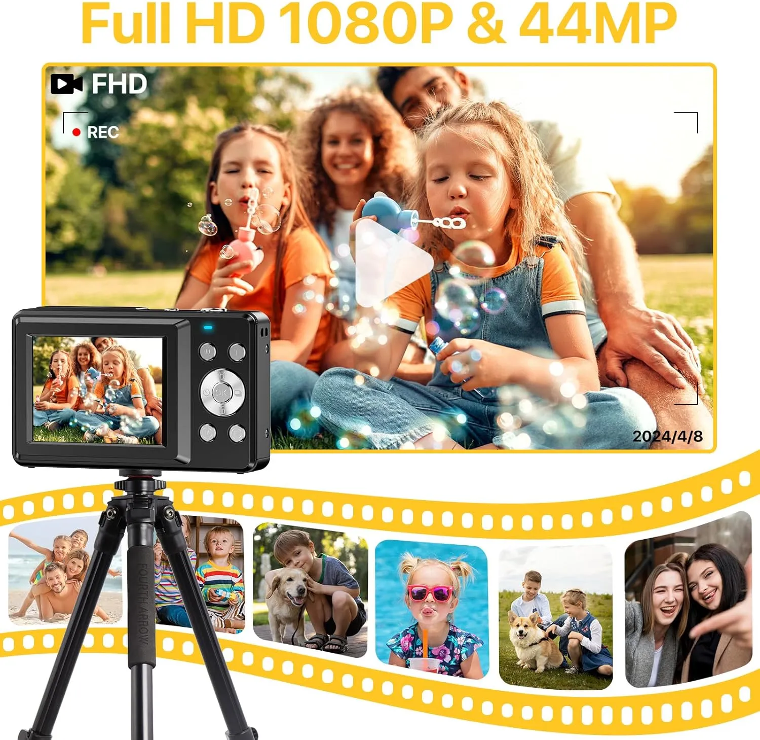 FHD 1080P Digital Camera for Kids with 32GB SD Card - Compact Point and Shoot Camera with 16X Zoom, Anti Shake, Portable, Perfect for Teens, Boys, Girls, Seniors - Best Wishes Card