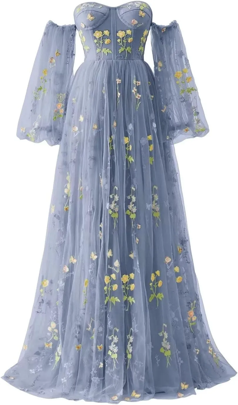Flower Embroidery Tulle Prom Dresses for Women Corset Long Spaghetti Strap Fairy Ruched Formal Evening Party Gown
