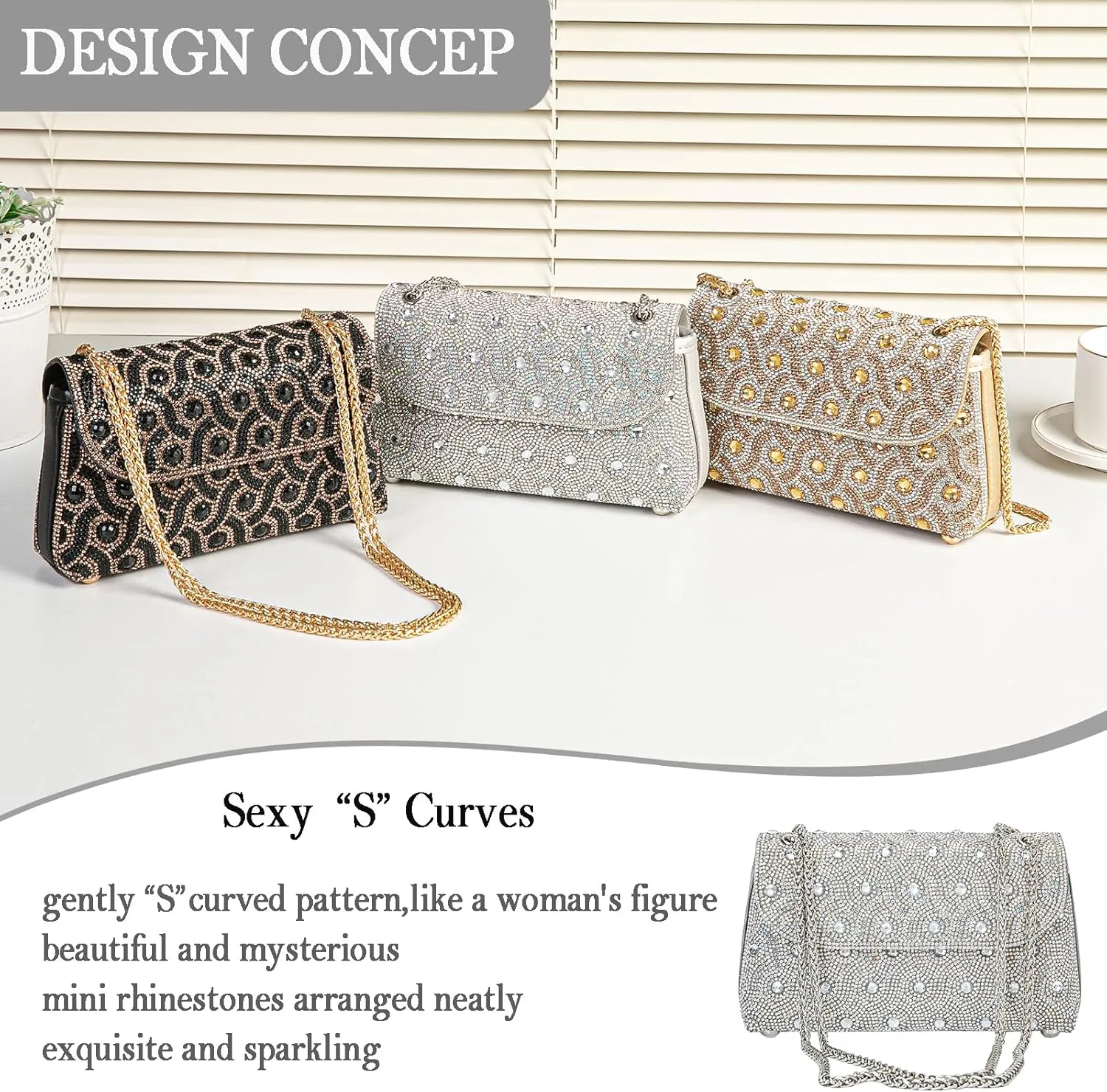 Flower Evening Handbags Chain Strap Square Shoulder Bag Crossbody Bag Crystals Rhinestone Clutch Purse