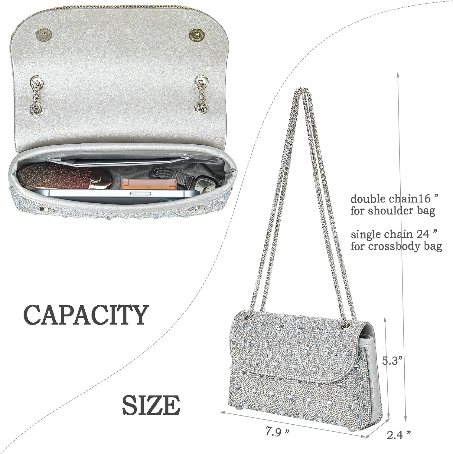 Flower Evening Handbags Chain Strap Square Shoulder Bag Crossbody Bag Crystals Rhinestone Clutch Purse