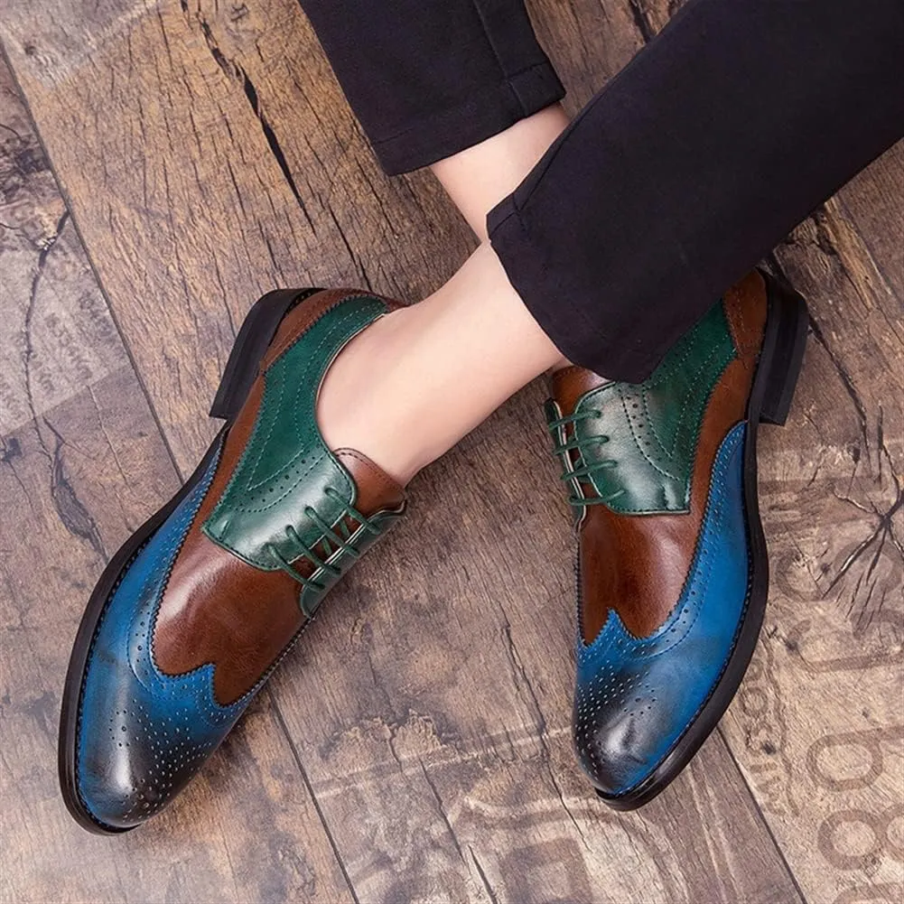 Formal Shoes for Men Lace Up Two Tone Brogue Embossed Wing Tip Derby Shoes PU Leather Anti-Slip Low Top Block Heel Prom Suitable for Many Occasions.