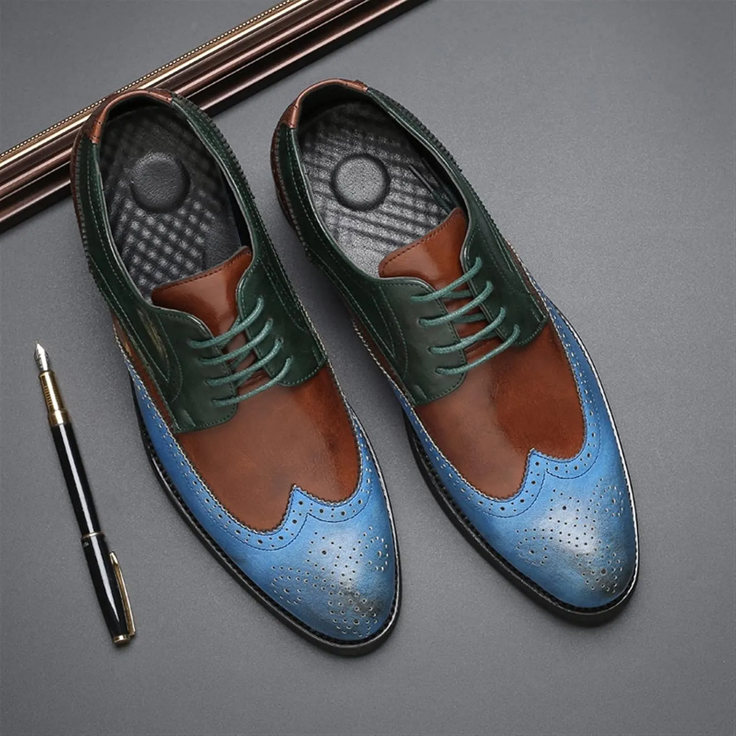 Formal Shoes for Men Lace Up Two Tone Brogue Embossed Wing Tip Derby Shoes PU Leather Anti-Slip Low Top Block Heel Prom Suitable for Many Occasions.