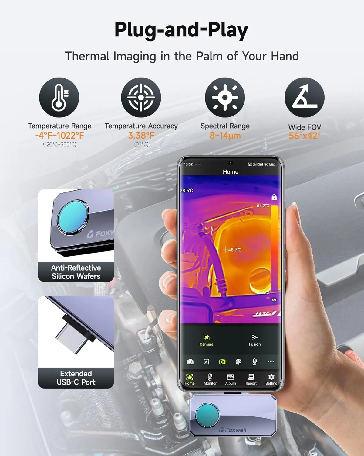 FOXWELL RT100 Thermal Camera for Android Smartphone, 256x192 IR Resolution Thermal Imaging Camera, Thermal Imager for Home/Automotive Leak Inspection, Upgraded Temperature Accuracy, 25Hz Reframe Rate