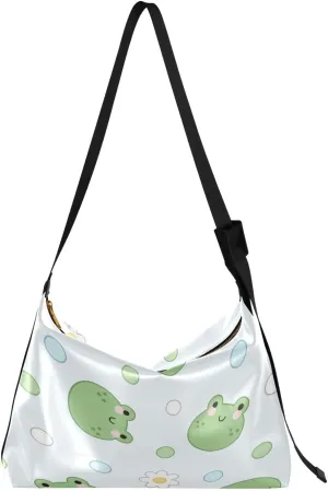 Frog Faces Hobo Crossbody Bags for Women Leather Large Shoulder Bag Cross Body Flowers and Dots Trendy Womens Tote Bags Handbag for Travel Shopping
