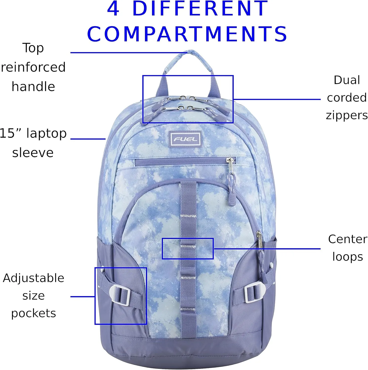 FUEL Hiking Laptop Backpack, College Bookbag, Travel Daypack with 5 Compartments, Dynamo Tech Pocket, 18.5 Inches