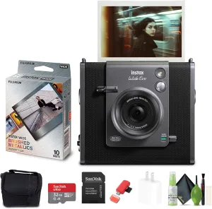 Fujifilm Instax Wide Evo Hybrid Instant Film Camera (16840957) Bundle with Fuji Instax-Wide Brushed Metallics Instant Film (10 Exposures)   32GB Memory Card   Padded Case   Cleaning Kit   More