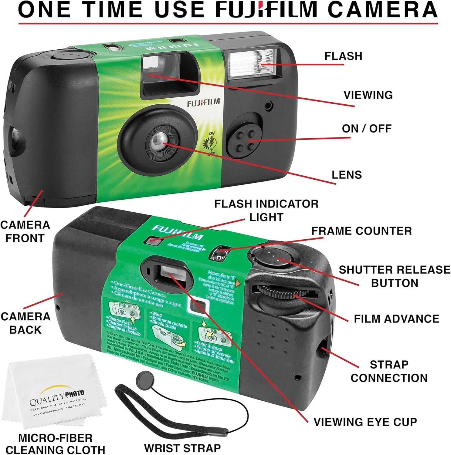 Fujifilm QuickSnap Flash 400 Disposable 35mm Camera (1 Pack) Bonus Hand Strap   Quality Photo Microfiber Cloth