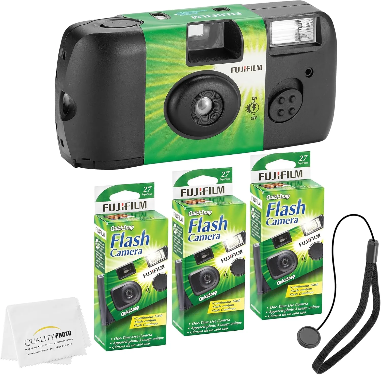 Fujifilm QuickSnap Flash 400 Disposable 35mm Camera   Hand Strap   Quality Photo Microfiber Cloth (3 Pack)