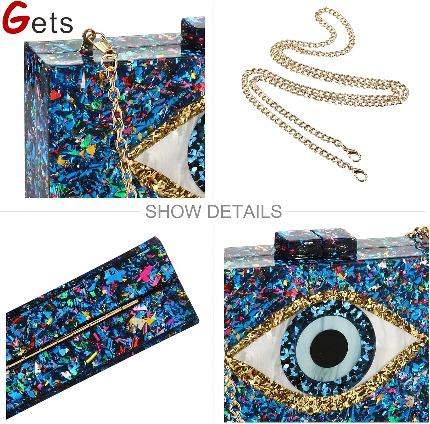Gets Acrylic Clutch Purses for Women Evening Bag Eyes Multicolor Perspex Box Clutch Glitter Purse Handbags Crossbody Bag
