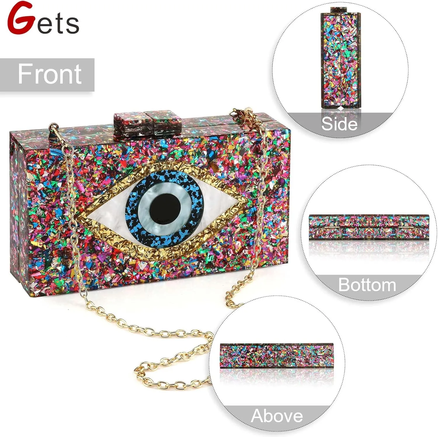 Gets Acrylic Clutch Purses for Women Evening Bag Eyes Multicolor Perspex Box Clutch Glitter Purse Handbags Crossbody Bag