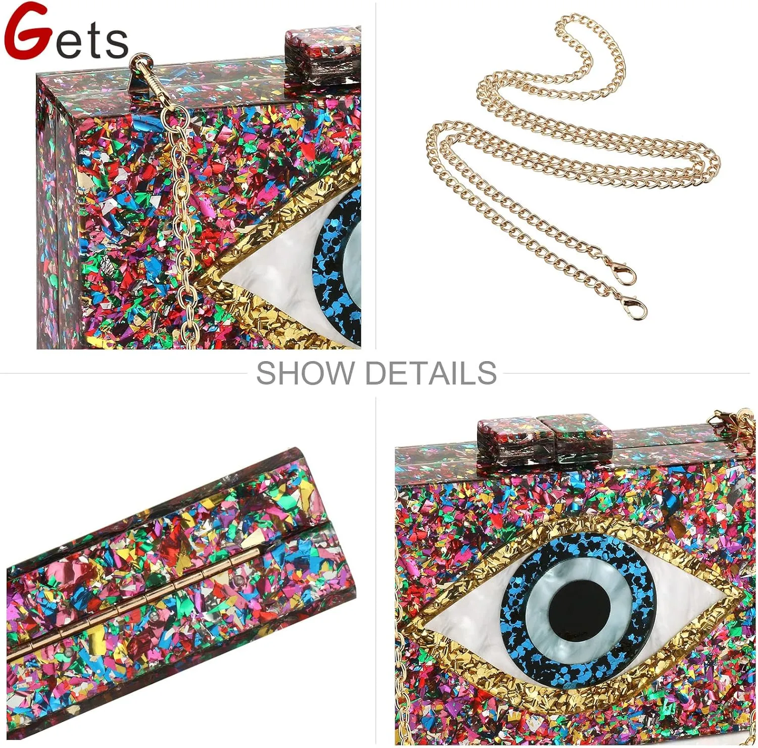 Gets Acrylic Clutch Purses for Women Evening Bag Eyes Multicolor Perspex Box Clutch Glitter Purse Handbags Crossbody Bag