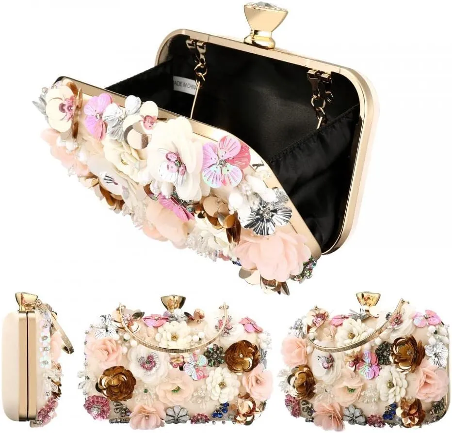 Gets PU Leather Purses and Handbags for Women Floral Beaded Clutch Purse for Wedding Clear Crossbody Bag