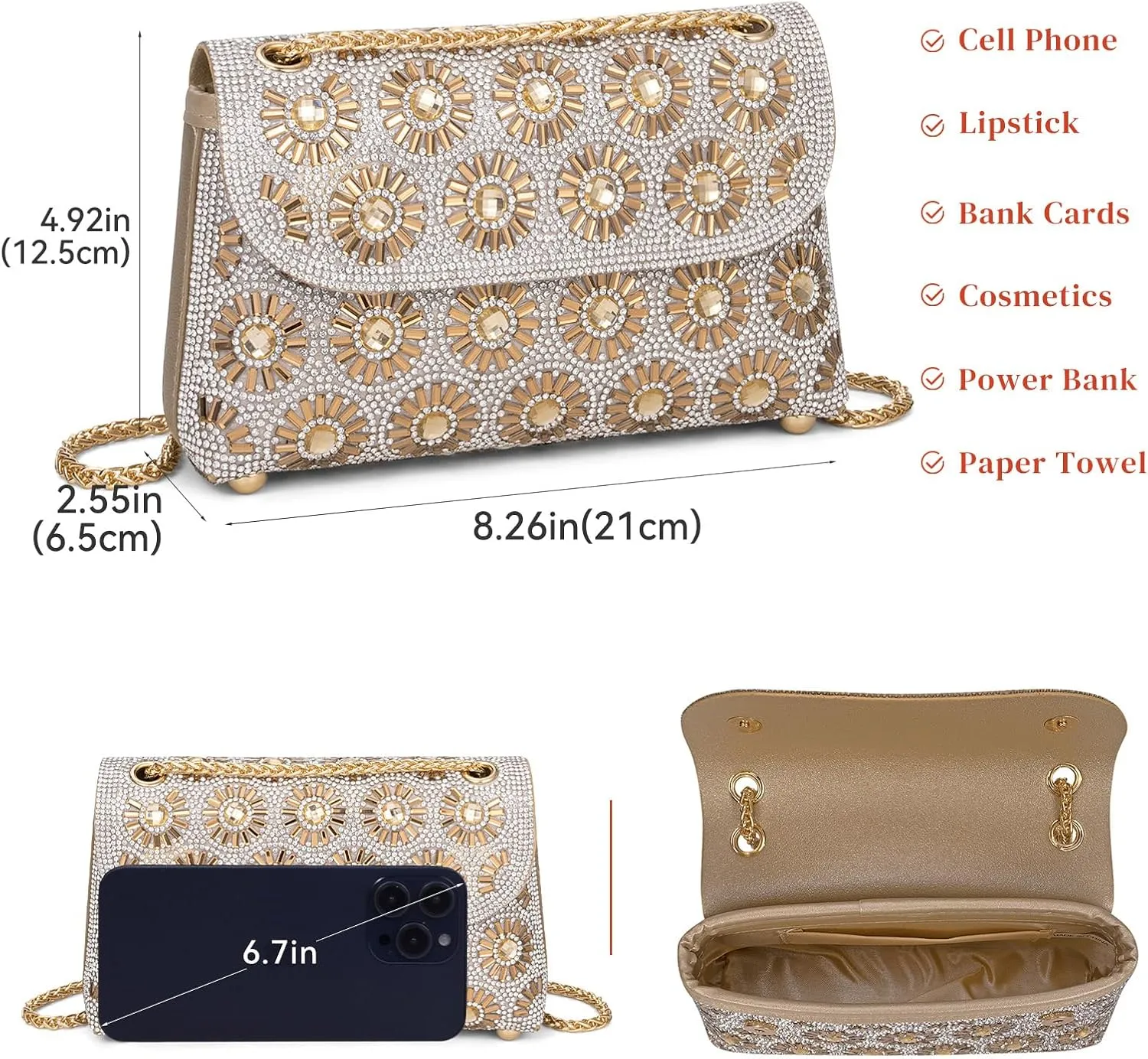 Gets Sparkly Rhinestones Clutch Purses for Women Purses and Handbags for Wedding Party Evening Crossbody Bag with Chain