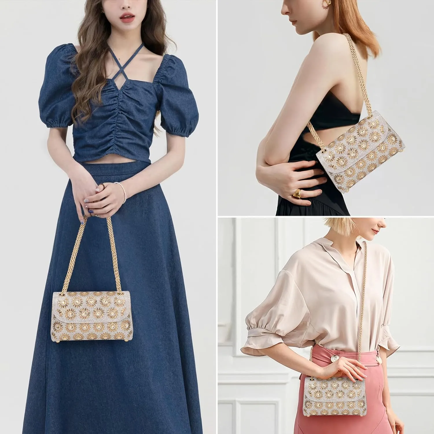 Gets Sparkly Rhinestones Clutch Purses for Women Purses and Handbags for Wedding Party Evening Crossbody Bag with Chain