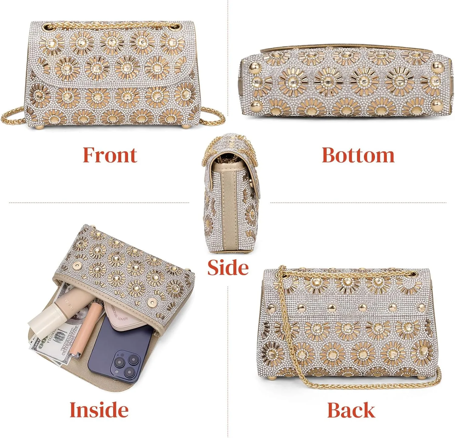 Gets Sparkly Rhinestones Clutch Purses for Women Purses and Handbags for Wedding Party Evening Crossbody Bag with Chain
