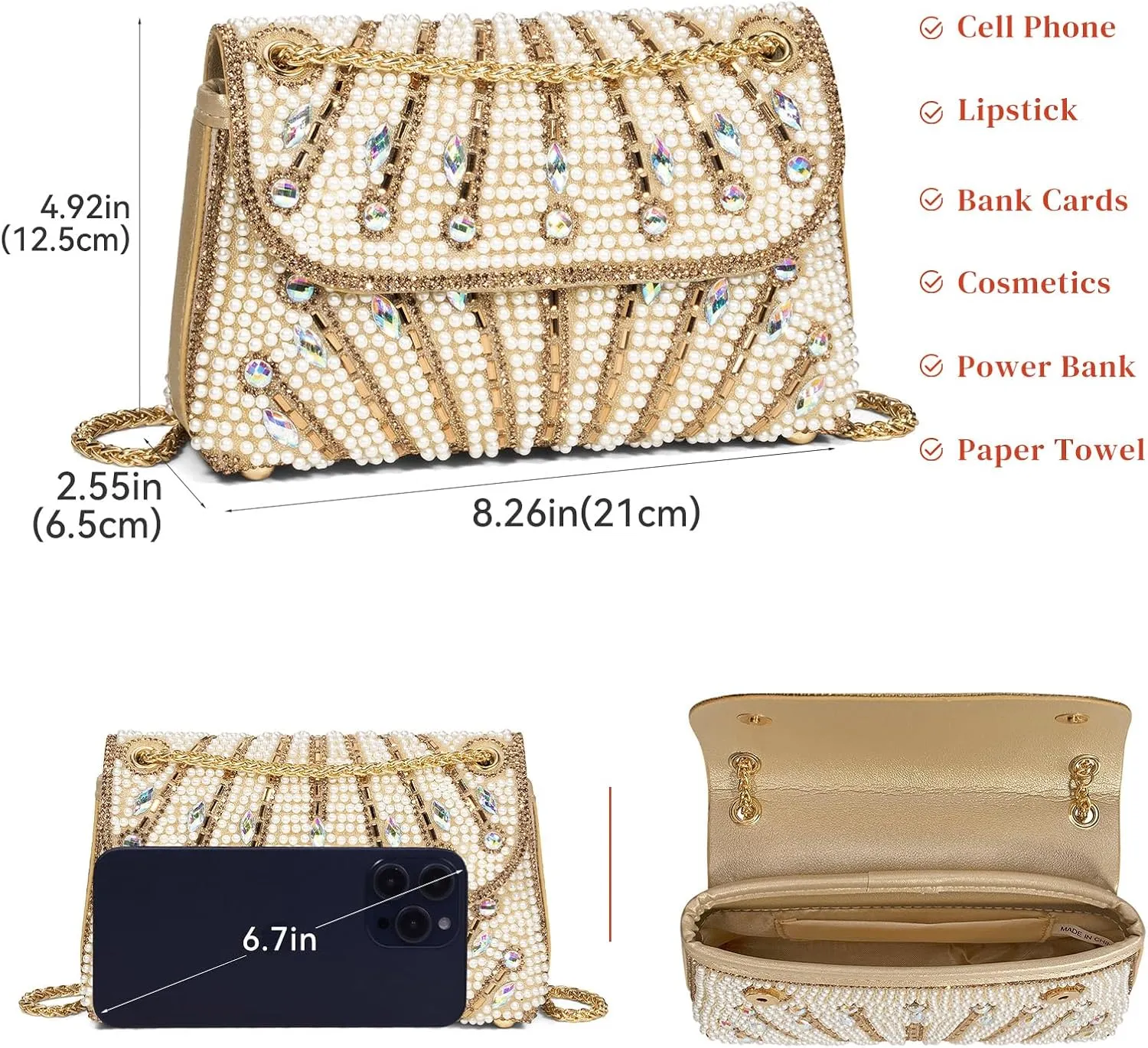 Gets Sparkly Rhinestones Clutch Purses for Women Purses and Handbags for Wedding Party Evening Crossbody Bag with Chain