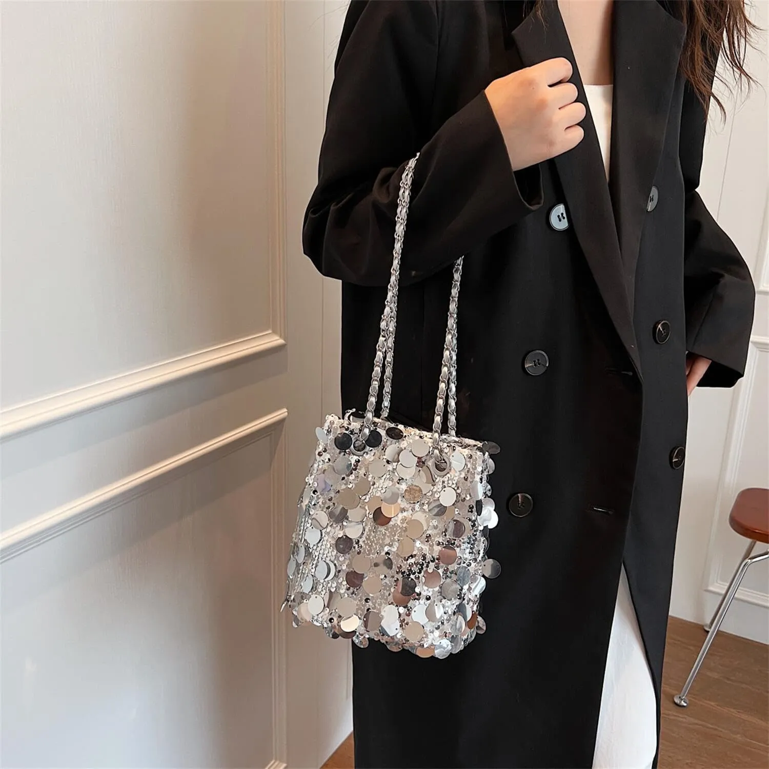 Glitter Sequin Evening Shoulder Crossbody Bag Women Bling Handbag and Purse Sparkly Prom Party Bucket Bag