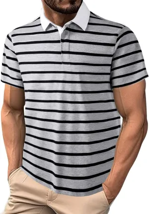 Golf Polo Shirts for Men Classic Striped Button up Collared Short Sleeve T-Shirts Casual Business Office Work Tops