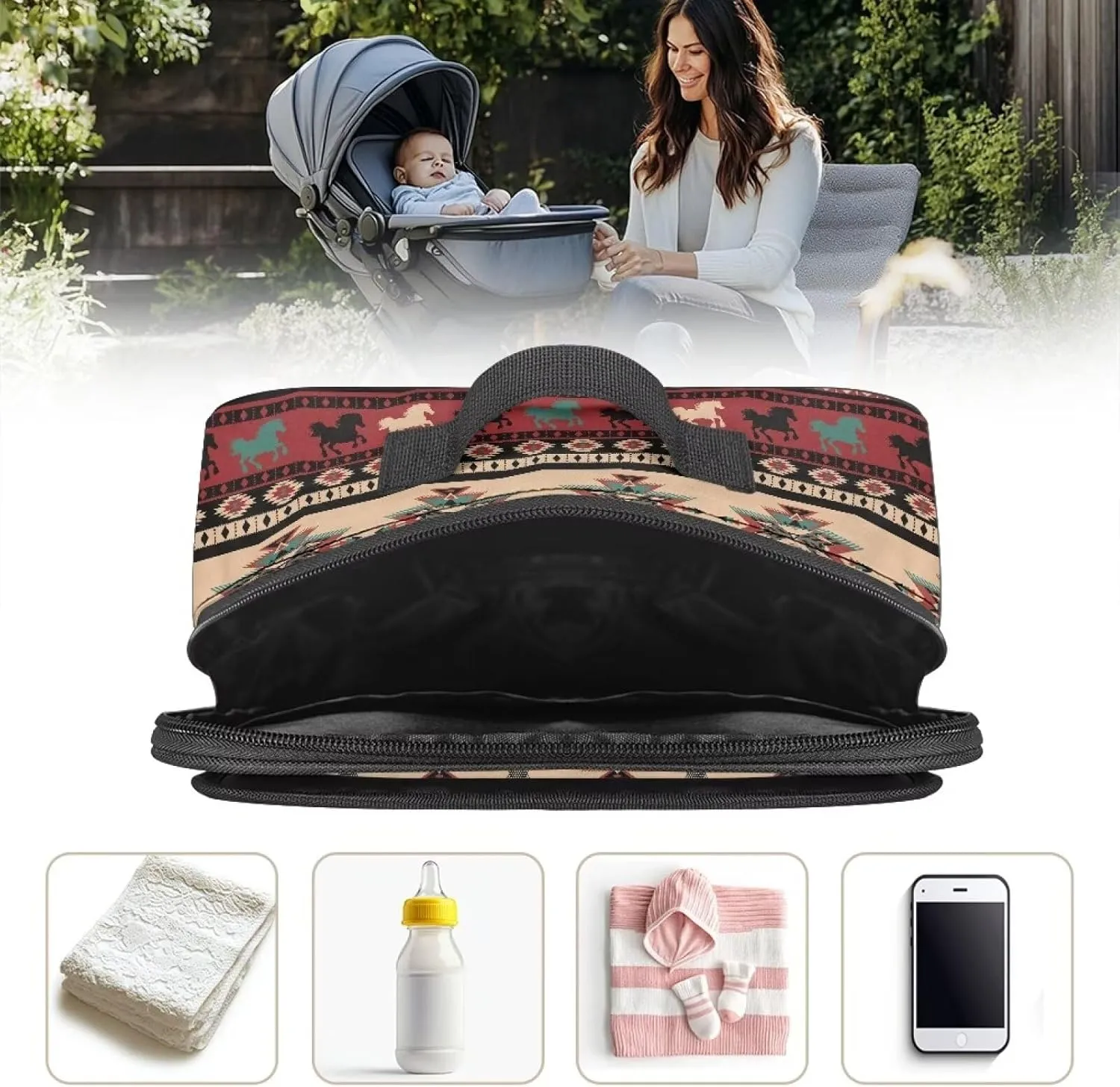 Gomyblomy Aztec Horses Universal Stroller Organizer Large Capacity Stroller Diaper Bag with Handle and Detachable Shoulder Strap Portable Baby Bag Organizer Accessory for Stroller