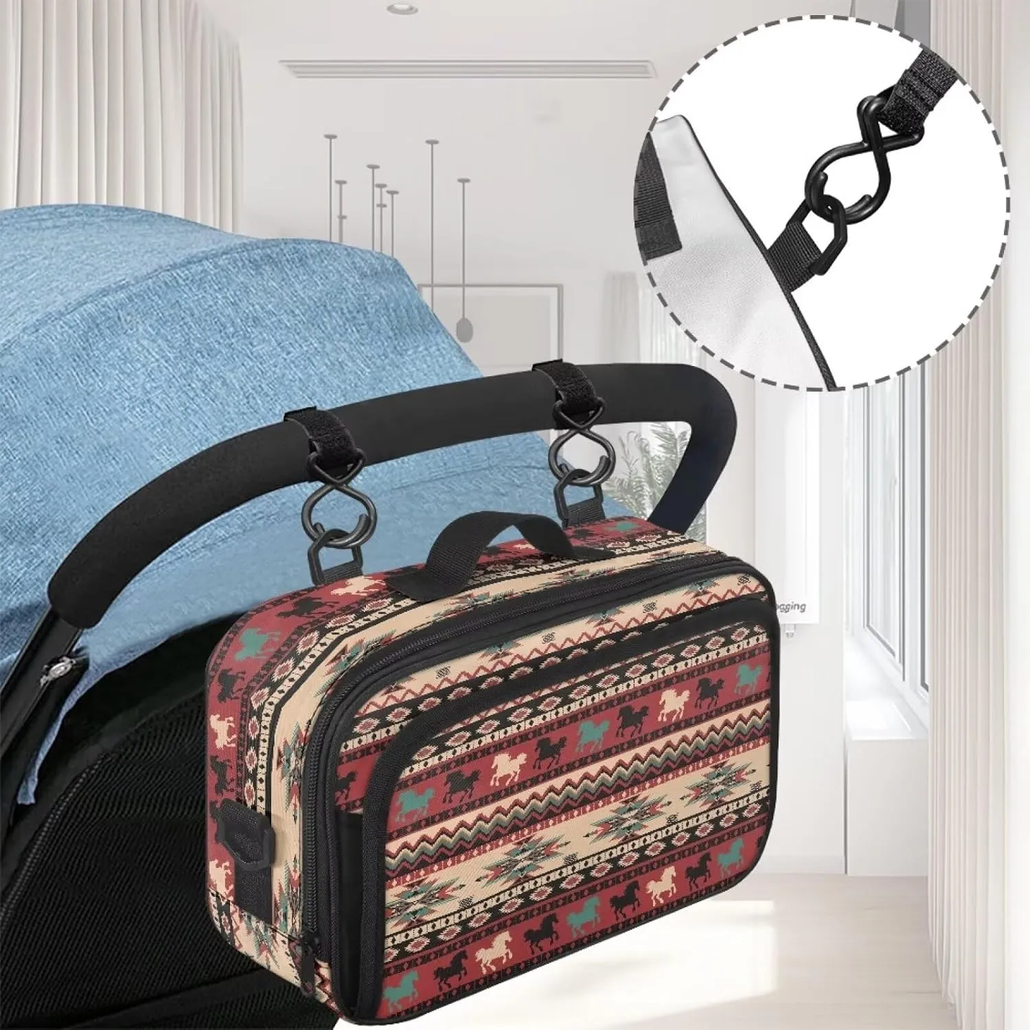 Gomyblomy Aztec Horses Universal Stroller Organizer Large Capacity Stroller Diaper Bag with Handle and Detachable Shoulder Strap Portable Baby Bag Organizer Accessory for Stroller