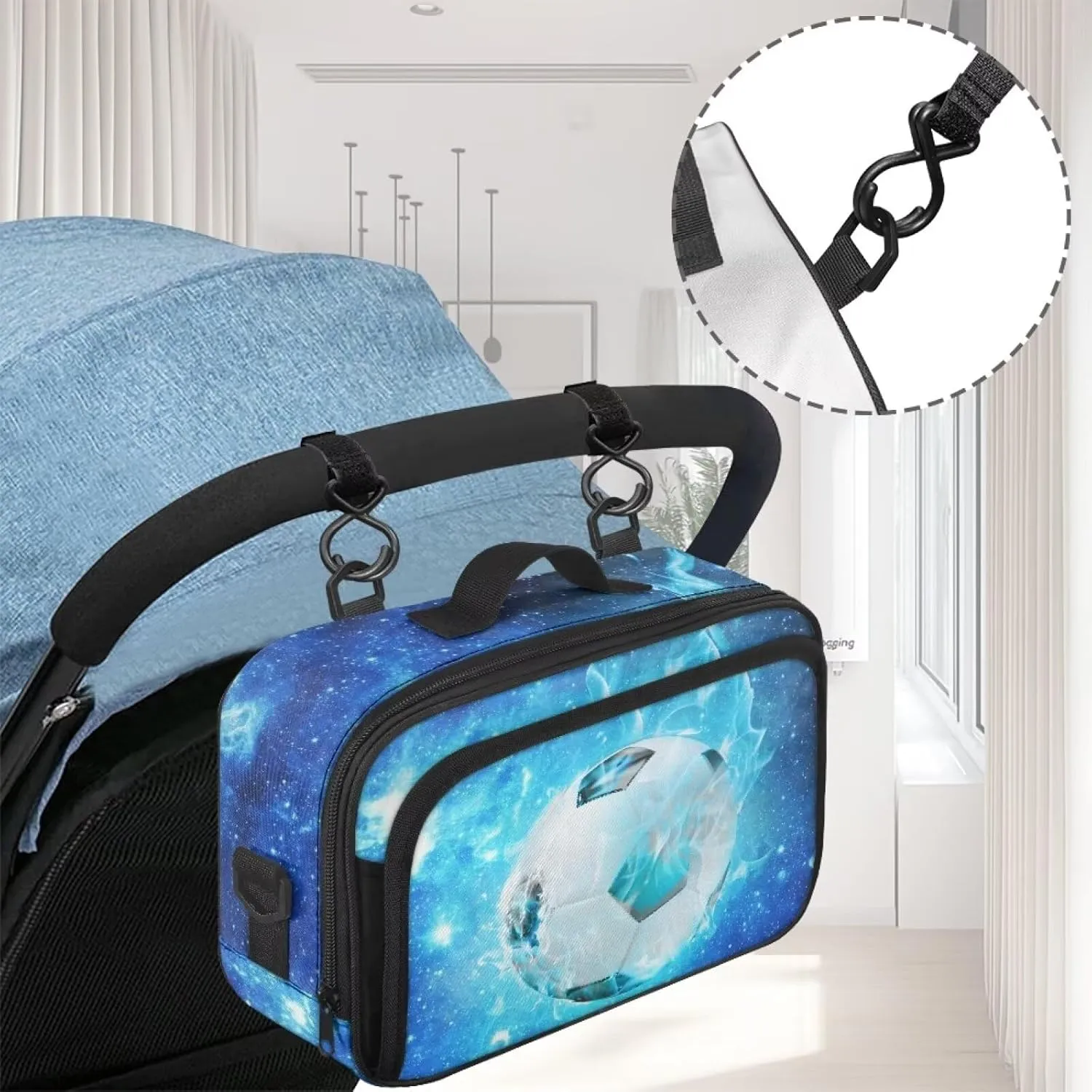 Gomyblomy Blue Flame Soccer Stroller Organizer for Travel Universal Baby Stroller Accessories Portable Stroller Diaper Bags with Zipper Closure and Shoulder Strap Baby Bag Organizer Pouch