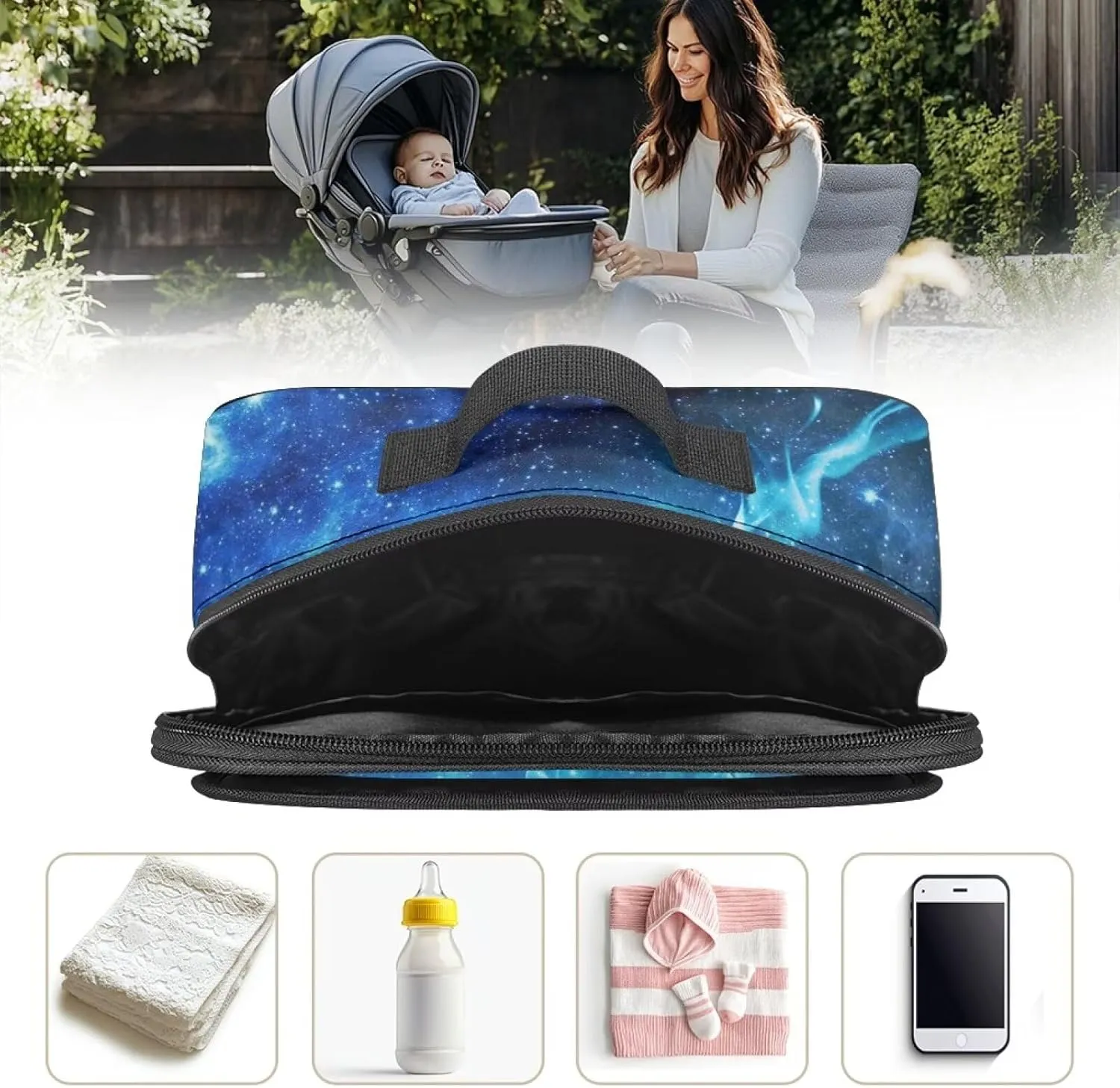 Gomyblomy Blue Flame Soccer Stroller Organizer for Travel Universal Baby Stroller Accessories Portable Stroller Diaper Bags with Zipper Closure and Shoulder Strap Baby Bag Organizer Pouch