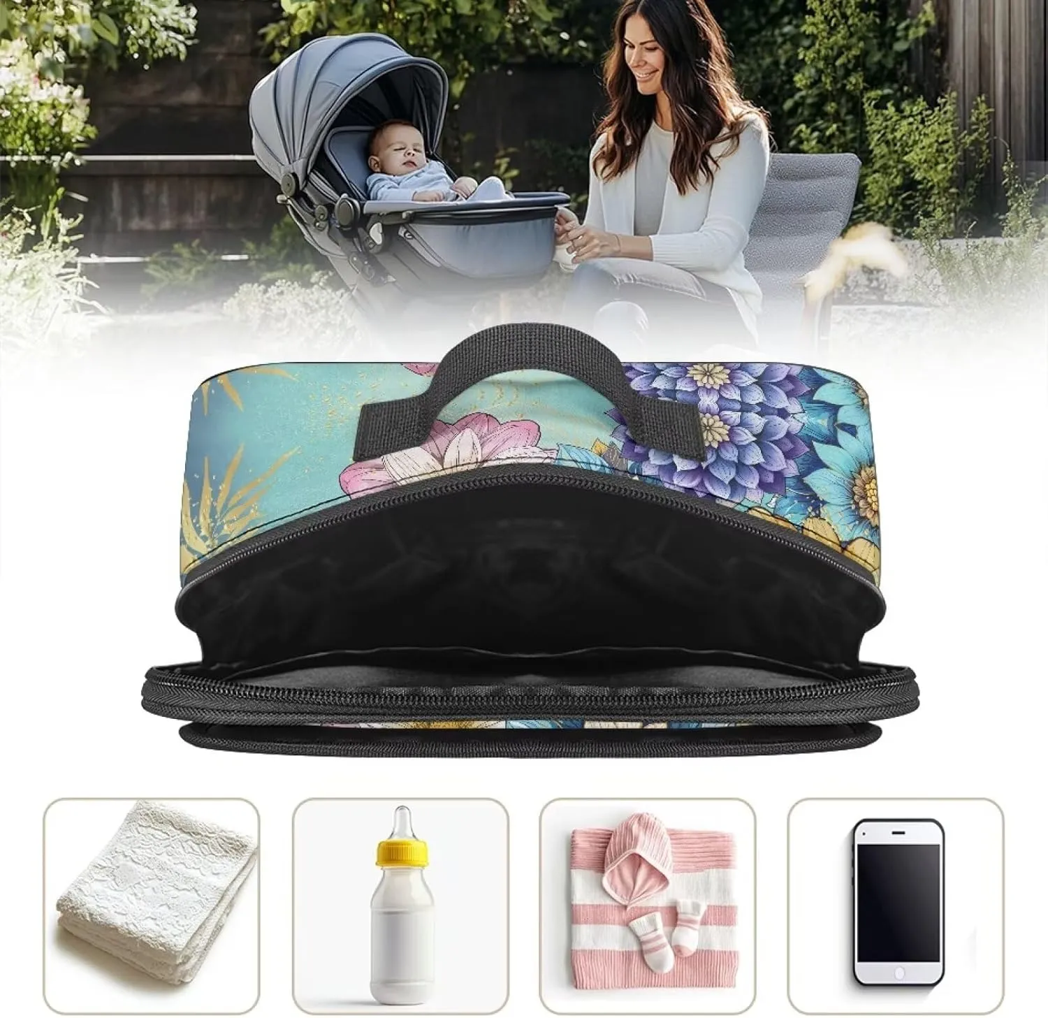 Gomyblomy Boho Flowers Stroller Organizer with Cup Holder Floral Universal Stroller Caddy with Non Slip Hooks and Shoulder Straps Portable Baby Stroller Storage Bag with Zippers