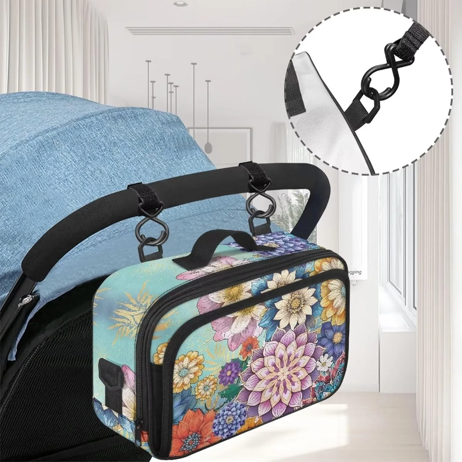Gomyblomy Boho Flowers Stroller Organizer with Cup Holder Floral Universal Stroller Caddy with Non Slip Hooks and Shoulder Straps Portable Baby Stroller Storage Bag with Zippers