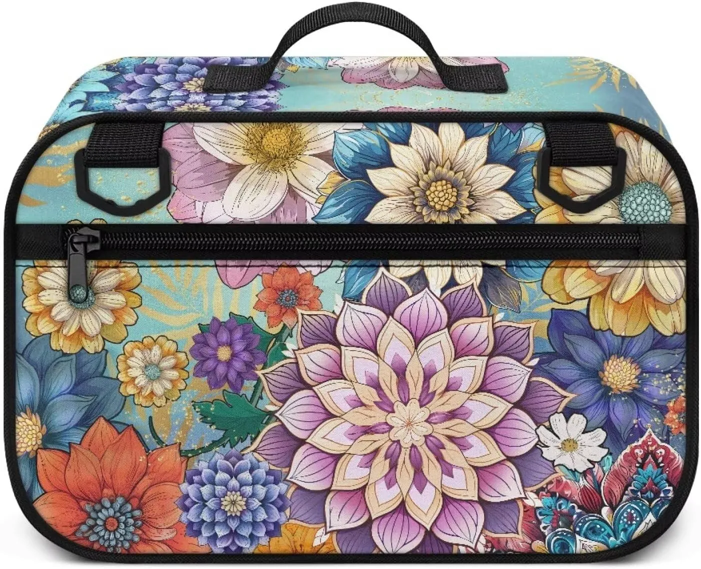 Gomyblomy Boho Flowers Stroller Organizer with Cup Holder Floral Universal Stroller Caddy with Non Slip Hooks and Shoulder Straps Portable Baby Stroller Storage Bag with Zippers