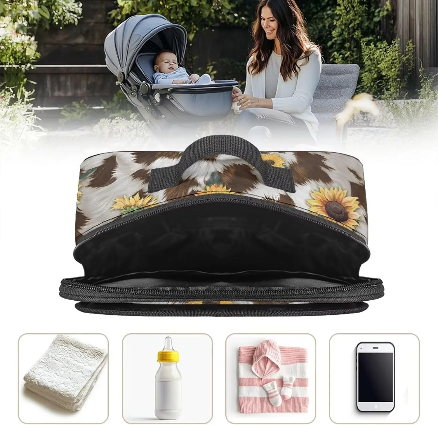 Gomyblomy Brown Cow Sunflower Stroller Caddy Universal Stroller Organizer Bag Large Capacity Stroller Storage Bag with Detachable Shoulder Strap Portable Small Diaper Bags