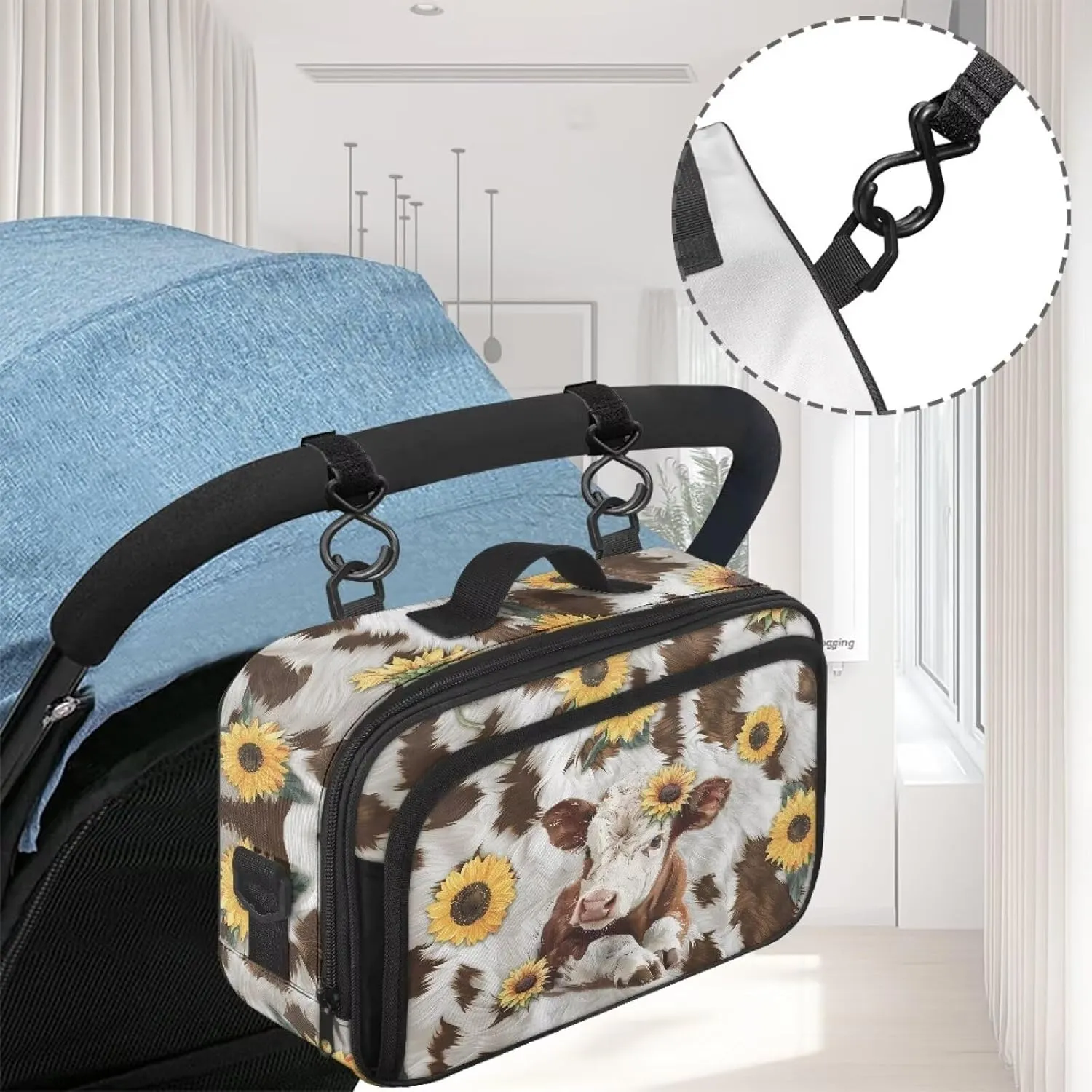 Gomyblomy Brown Cow Sunflower Stroller Caddy Universal Stroller Organizer Bag Large Capacity Stroller Storage Bag with Detachable Shoulder Strap Portable Small Diaper Bags