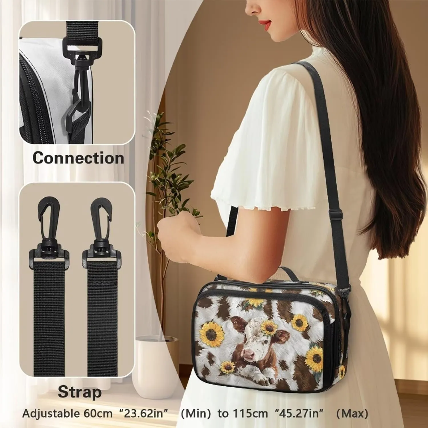 Gomyblomy Brown Cow Sunflower Stroller Caddy Universal Stroller Organizer Bag Large Capacity Stroller Storage Bag with Detachable Shoulder Strap Portable Small Diaper Bags