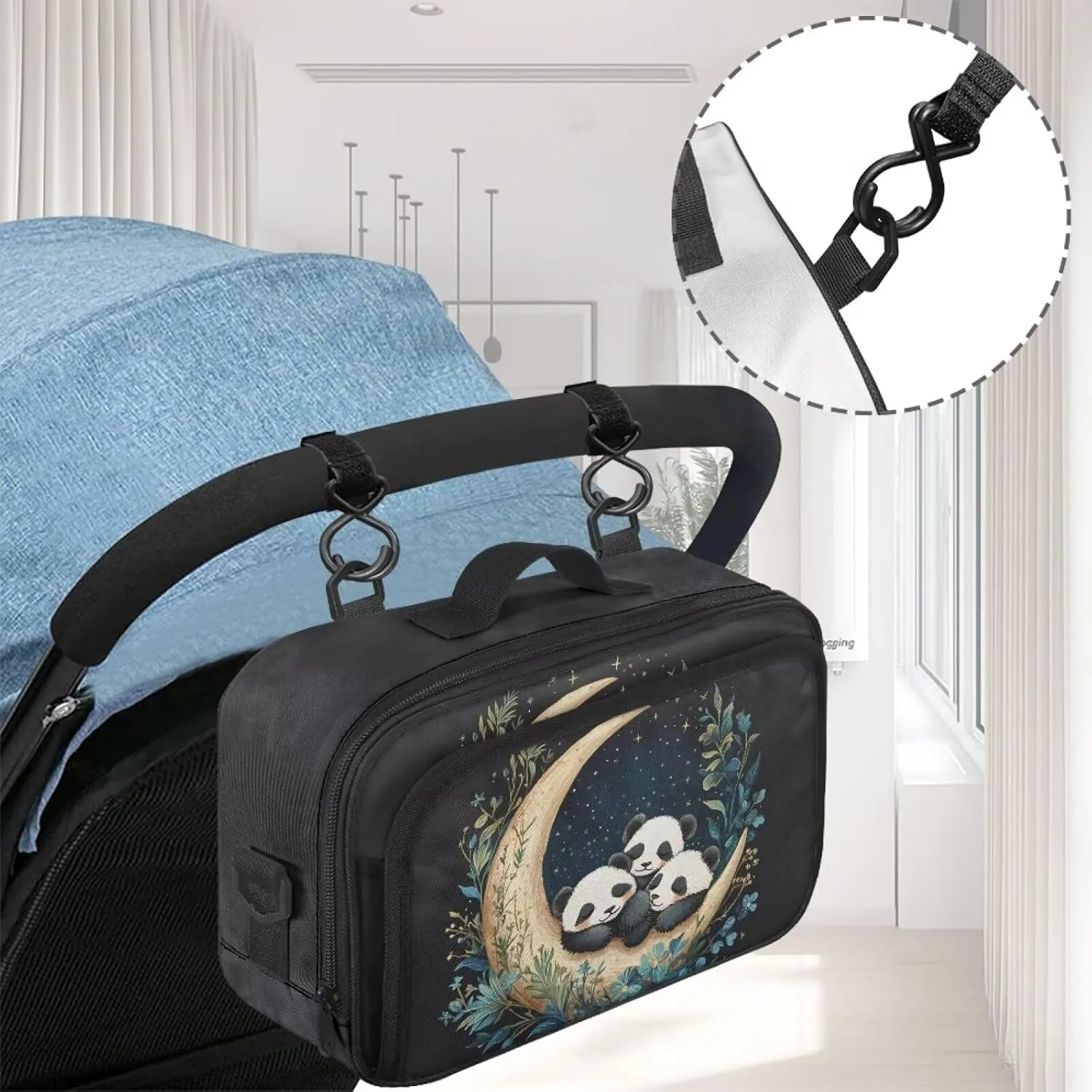 Gomyblomy Cute Stroller Organizer Pandas Moon Print Baby Stroller Storage Bag with Adjustable Shoulder Strap Portable Diaper Bag Universal Stroller Accessories for Newborn Babies