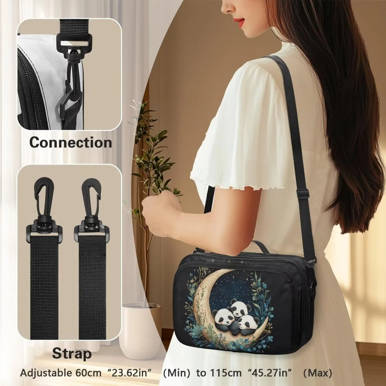 Gomyblomy Cute Stroller Organizer Pandas Moon Print Baby Stroller Storage Bag with Adjustable Shoulder Strap Portable Diaper Bag Universal Stroller Accessories for Newborn Babies