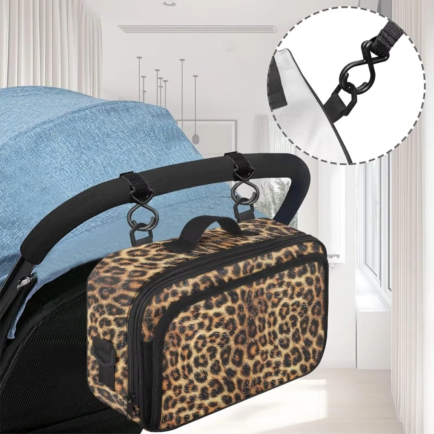 Gomyblomy Leopard Print Small Diaper Bag Portable Stroller Caddy Organizer with Cup Holder Detachable Shoulder Straps Large Capacity Baby Stroller Storage Bags Accessories for Babies