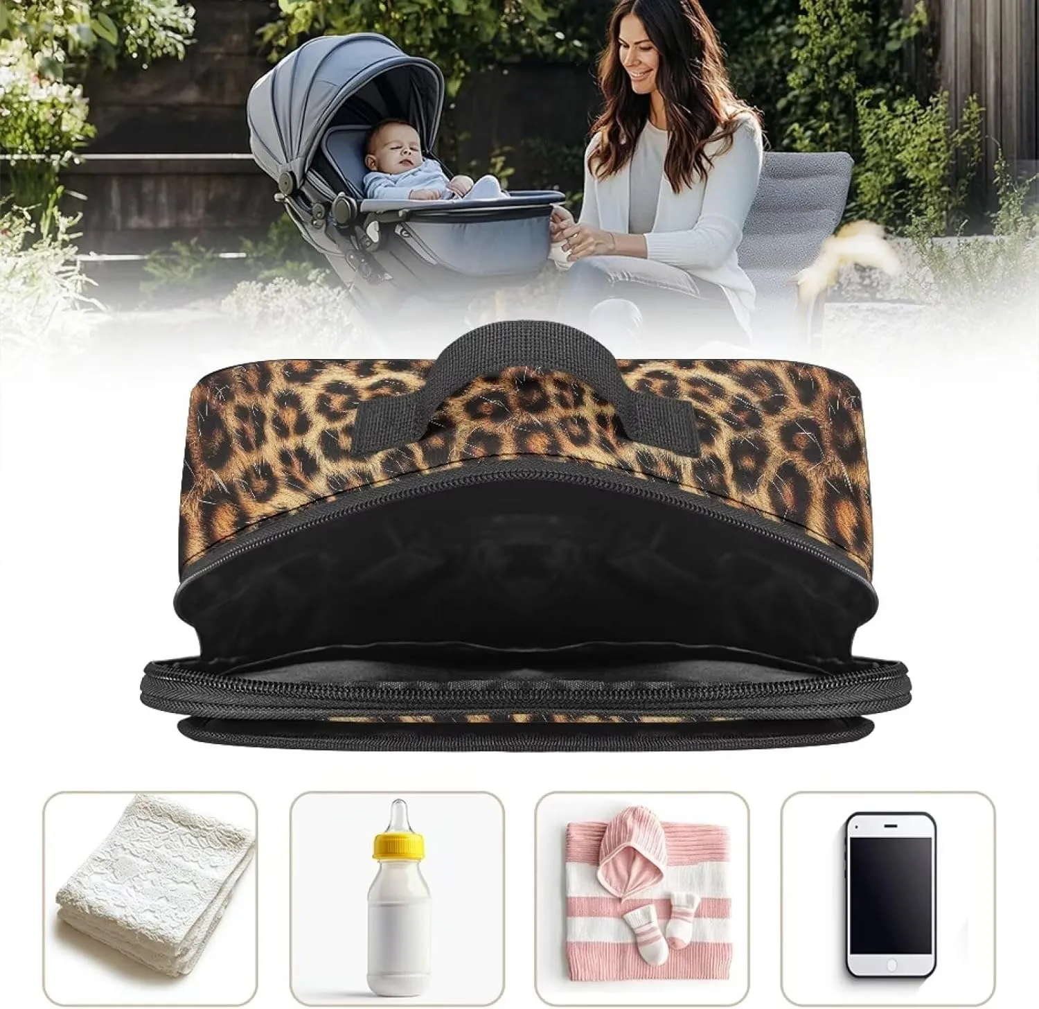 Gomyblomy Leopard Print Small Diaper Bag Portable Stroller Caddy Organizer with Cup Holder Detachable Shoulder Straps Large Capacity Baby Stroller Storage Bags Accessories for Babies