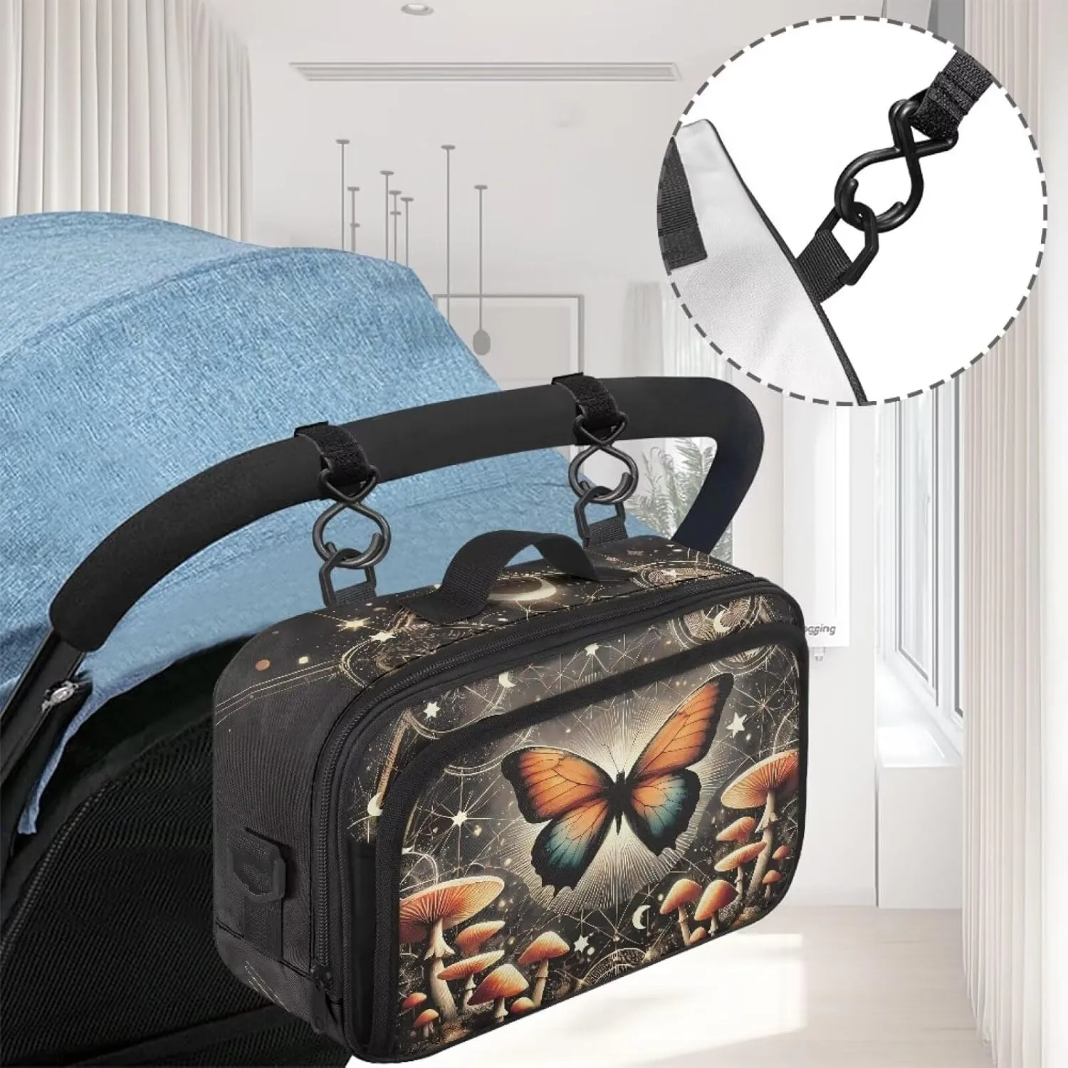 Gomyblomy Stroller Caddy Butterfly Mushroom Stroller Organizer Bag with Adjustable Shoulder Strap Aesthetic Baby Stroller Diaper Bag Tote Large Capacity Nursery Storage Bag for Mommy