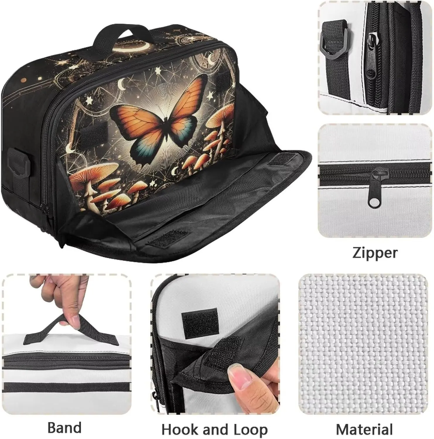 Gomyblomy Stroller Caddy Butterfly Mushroom Stroller Organizer Bag with Adjustable Shoulder Strap Aesthetic Baby Stroller Diaper Bag Tote Large Capacity Nursery Storage Bag for Mommy